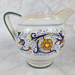 Deruta Ceramics Open Top Pitcher Hand Painted Florals Glazed Made In Italy
